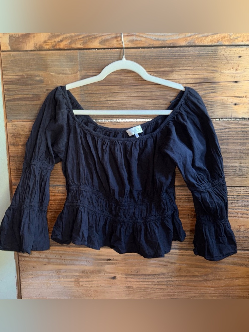 Wayf Black Peasant Blouse with Ruffled Hem